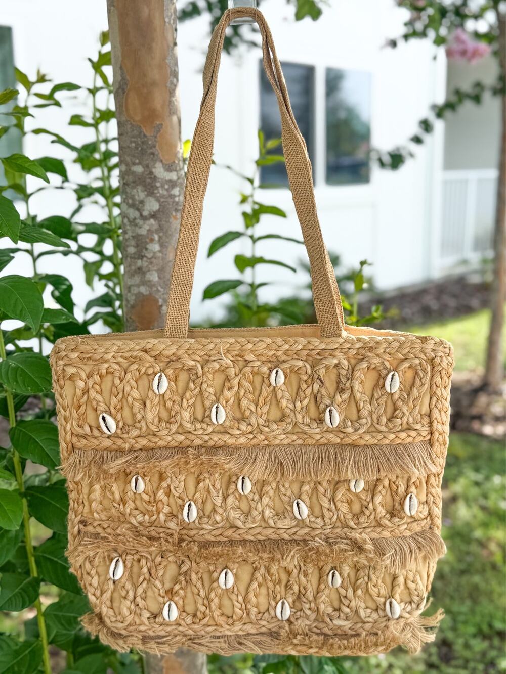 Salt + Umber Cowrie Shell Jute Tote Bag Boho Woven Fringe Beach Purse